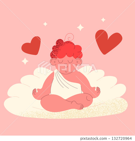 Cute cupid meditating on cloud with hearts in soft pink flat style for Valentines Day and love concepts Cute cupid meditating on cloud with hearts in soft pink flat style for Valentines Day and love concepts 132720964
