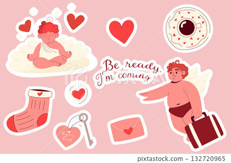Cute cupid sticker pack with hearts, love coffee and romantic symbols for Valentines Day design Cute cupid sticker pack with hearts, love coffee and romantic symbols for Valentines Day design 132720965