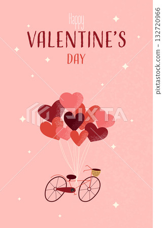 Happy Valentines Day card with bicycle carrying heart balloons in romantic flat pink design Happy Valentines Day card with bicycle carrying heart balloons in romantic flat pink design 132720966