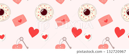 Seamless Valentines pattern with coffee cups, hearts and romantic letters in minimal flat style 132720967