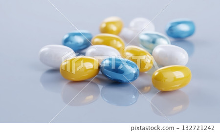 Colorful Capsules On Reflective Surface. Pharmaceutical Concept Of Medicine And Health 132721242