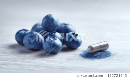 Blueberries And Dietary Supplement Capsule On Wooden Surface. Natural Health Benefits And Nutrition Concept 132721243
