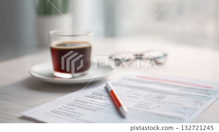 Documents And Coffee On A Desk With Glasses. Office Work And Productivity Setting 132721245