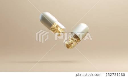 Floating Capsules With Gold Particles On Beige Background. Concept Of Luxury Supplements And Premium Health Products 132721280