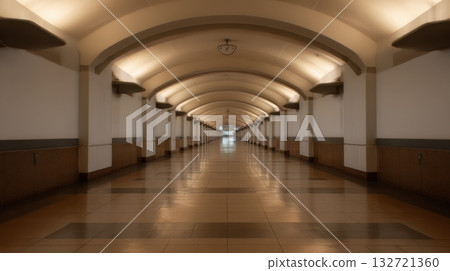 Long, Symmetrical Underground Corridor With Arched Ceiling. Architectural Design And Urban Infrastructure 132721360