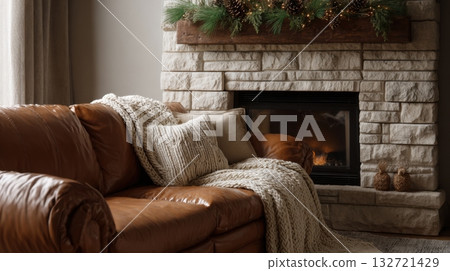 Cozy Living Room With Leather Sofa And Stone Fireplace. Warm And Inviting Home Interior For Relaxation 132721429