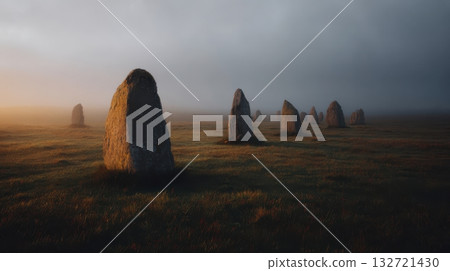 Mysterious Stone Circle In Misty Landscape At Dawn. Ancient Monoliths In Atmospheric Setting 132721430