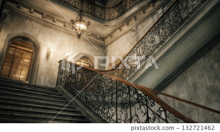 Elegant Vintage Staircase With Ornate Iron Railing And Warm Lighting. Historical Architecture And Interior Design 132721462