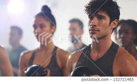 Group Fitness Class With Focused Individuals Lifting Kettlebells. Intense Workout Session Promoting Strength And Endurance 132721465