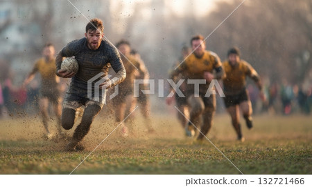 Rugby Player Running With Ball On Muddy Field During Intense Match. Action-Packed Sports Moment Showcasing Determination And Teamwork 132721466