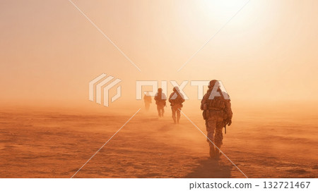 Soldiers Walking Through Desert Landscape At Sunrise. Military Patrol In Arid Environment 132721467