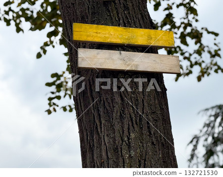 Wooden sign boards attached to tree. Simplicity, handmade design, and natural navigation symbol Wooden sign boards attached to tree. Simplicity, handmade design, and natural navigation symbol 132721530
