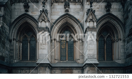 Gothic Cathedral Windows With Intricate Stonework. Architectural Detail Of Historic Building 132721553