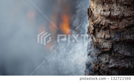 Burning Tree Trunk With Smoke And Flames. Forest Fire And Environmental Impact Burning Tree Trunk With Smoke And Flames. Forest Fire And Environmental Impact 132721560