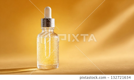 Glass Dropper Bottle With Liquid On Warm Yellow Background. Skincare And Beauty Product Concept 132721634