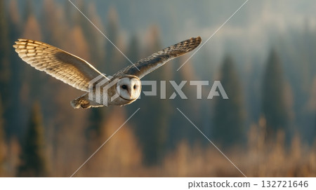 Barn Owl In Flight Over Forest Landscape At Sunset. Symbol Of Wisdom And Mystery In Nature Barn Owl In Flight Over Forest Landscape At Sunset. Symbol Of Wisdom And Mystery In Nature 132721646