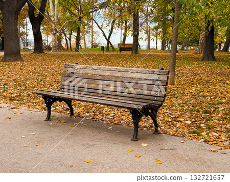Wooden bench surrounded by autumn leaves. Solitude, reflection, and calm atmosphere of seasonal change Wooden bench surrounded by autumn leaves. Solitude, reflection, and calm atmosphere of seasonal change 132721657
