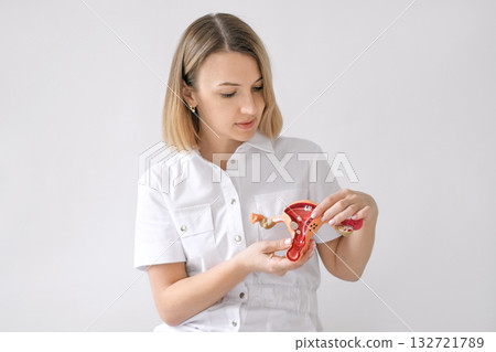 A female doctor talks about neoplasms, tumors and cancer in gynecology, showing an anatomical model of the uterus 132721789