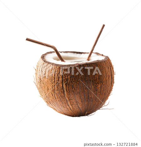 Coconut Drink With Straws. Refreshing Tropical Beverage For Summer Hydration And Relaxation. Isolated On Transparent Background 132721884