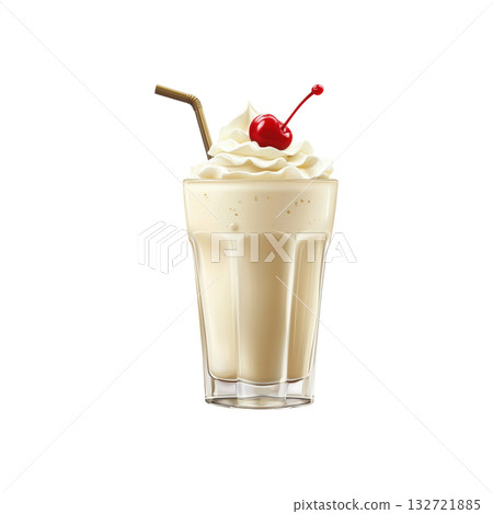 Vanilla Milkshake With Whipped Cream And Cherry. Classic Dessert Beverage. Isolated On Transparent Background 132721885