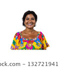 Smiling Woman In Colorful Floral Dress. Joy And Cultural Expression. Isolated On Transparent Background 132721941