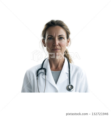 Female Doctor With Stethoscope. Medical Professional In Healthcare Setting. Isolated On Transparent Background 132721946