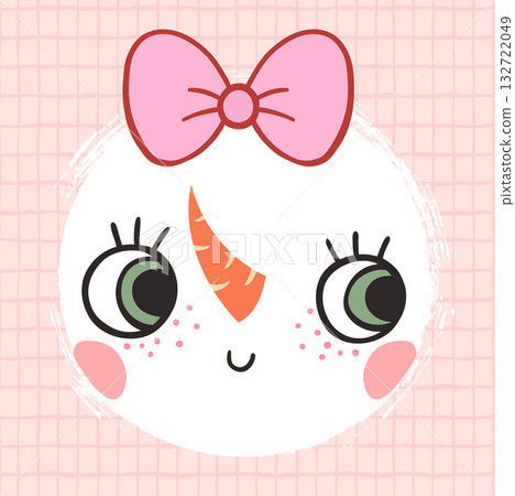 Cute vector snowman girl face with a pink bow, fun illustration for Christmas greeting cards 132722049