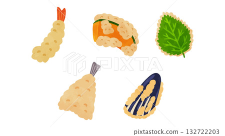Shrimp tempura, pumpkin tempura, shiso leaf tempura, kisu tempura, eggplant tempura. Watercolor-style hand-drawn vector illustration 132722203
