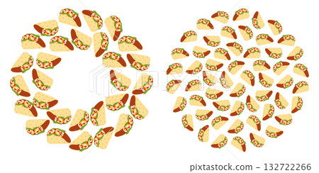 Taco with Meat Salsa Sauce and Vegetables Round Frame Border and Backdrop Mexican Fast food Template Taco with Meat Salsa Sauce and Vegetables Round Frame Border and Backdrop Mexican Fast food Template 132722266