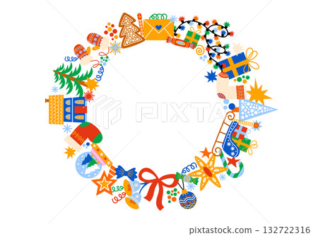 Round frame of cartoon illustration for Christmas and New Year. Concept of the winter holiday for the design of invitations, greeting cards and wallpapers. Festive decor, fir trees, decorations, gifts 132722316