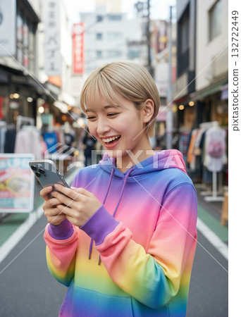 原宿街頭，年輕人低頭看著他們的智慧型手機 132722449