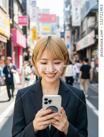 一名金髮女子在城市裡使用智慧型手機。 132722463