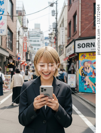 一名金髮女子在城市裡使用智慧型手機。 132722464