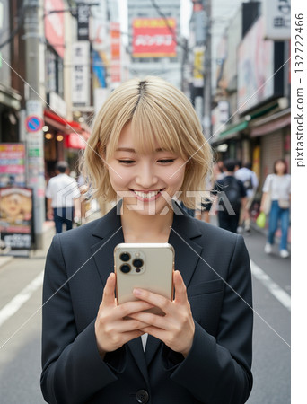一名金髮女子在城市裡使用智慧型手機。 132722466
