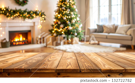 Christmas background with a wooden table for presenting Christmas products. Concept mockup Christmas background with a wooden table for presenting Christmas products. Concept mockup 132722782