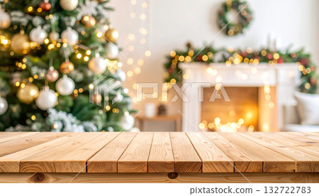 Christmas background with a wooden table for presenting Christmas products. Concept mockup Christmas background with a wooden table for presenting Christmas products. Concept mockup 132722783
