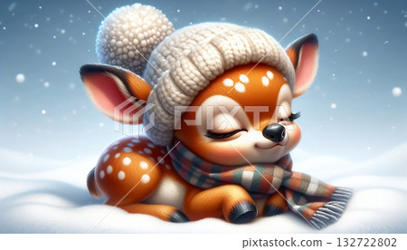Funny 3D cartoon of a deer in a snowy landscape 132722802