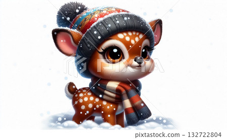 Funny 3D cartoon of a deer in a snowy landscape 132722804