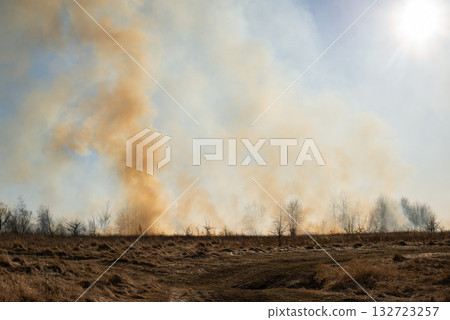 Photo of clouds of smoke burning grass and trees in early spring. Dangerous wildfire because of dry weather 132723257