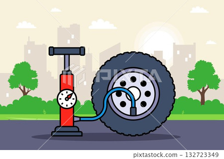 Red pump for inflating car tires. Red pump for inflating car tires. 132723349