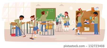 Happy elementary age children students cleaning classroom actively working together cartoon scene 132723408