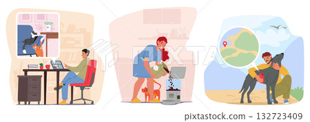 People pet owners using modern smart devices for dog and cat care, remote control and walking 132723409