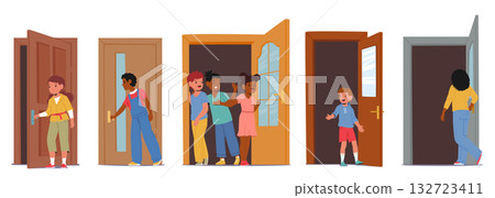 Happy children opening or closing building doors with different purpose isolated set on white 132723411
