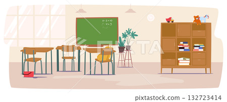School classroom settings and interior design with furniture and blackboard cartoon background 132723414