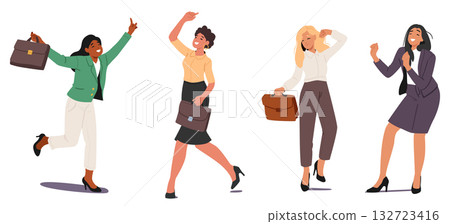 Elegant businesswomen cartoon characters dancing with unexpected joy and enthusiasm isolated set Elegant businesswomen cartoon characters dancing with unexpected joy and enthusiasm isolated set 132723416
