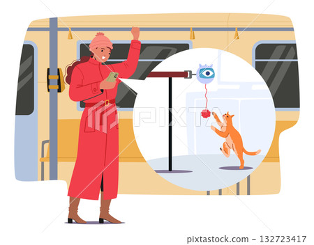 Woman pet owner enjoying viewing her cat playing with smart toys via mobile phone camera scene Woman pet owner enjoying viewing her cat playing with smart toys via mobile phone camera scene 132723417