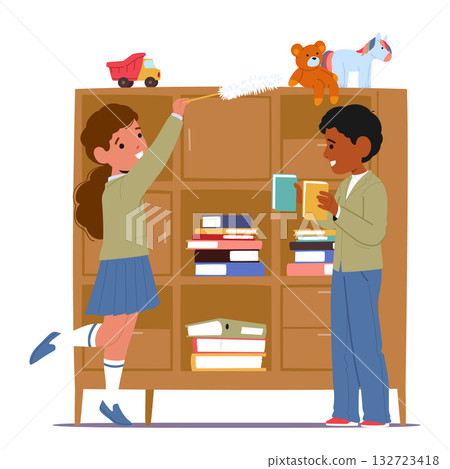 Schoolboy and schoolgirl cartoon characters cleaning classroom and dusting bookcase together 132723418