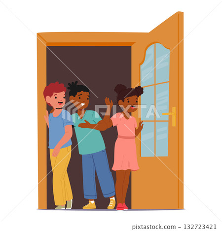 Happy children cartoon characters little friends entering room opening door vector illustration Happy children cartoon characters little friends entering room opening door vector illustration 132723421