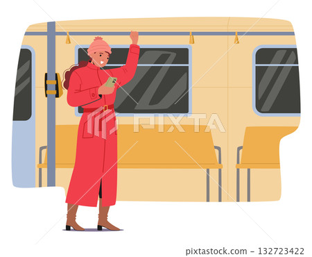 Young woman cartoon character using smartphone during underground subway commute urban scene Young woman cartoon character using smartphone during underground subway commute urban scene 132723422