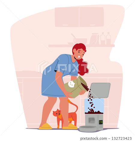 Woman pet owner using smart feeder for cat with portion control due to schedule cartoon scene Woman pet owner using smart feeder for cat with portion control due to schedule cartoon scene 132723423
